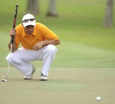 RIO DE JANEIRO, BRASIL - NOVEMBER 8: Ariel Canete of Argentina lines up a putt on the 18th hole green during the third round of the Aberto do Brasil/Aberto do Atlantico presented by Credit Suisse Hedging-Griffo at Gavea Golf and Country Club on November 8, 2014 in Rio de Janeiro, Brazil. (Enrique Berardi/PGA TOUR)